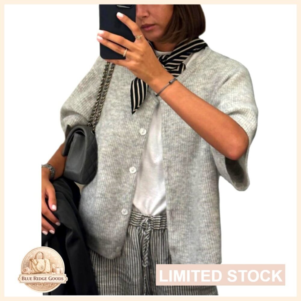 Short Sleeve Cropped Cardigan Button Front Knit Chunky Sweater Vest